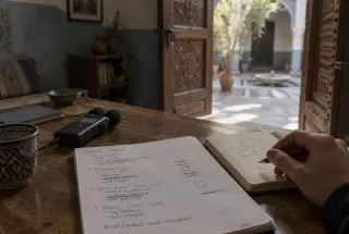 Handwritten podcast outline and audio recorder on a worn table inside a softly lit Moroccan riad recording room