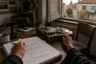 Annotated radio script and reel-to-reel recorder in a quiet community studio