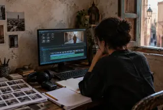 Filmmaker pausing over an audio editing desk in a quiet medina room, with photographs, headphones, and an unfinished script.
