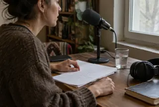 Reader recording beside a microphone while following an annotated script in a softly lit room.