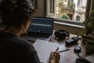 Sound editor measuring a narration recording beside a marked script, headphones, stopwatch, and waveform display in a softly lit room.