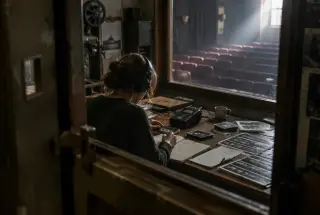 Audio editor organizing interview material and archival recordings in a quiet former cinema projection room.