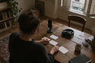 Solo audio creator organizing episode notes beside a microphone in a softly lit home studio.